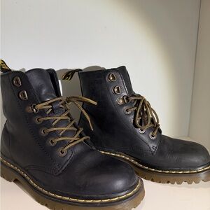 Dr. Martens Black Leather Lace-Up Ankle Boots with Yellow Stitching